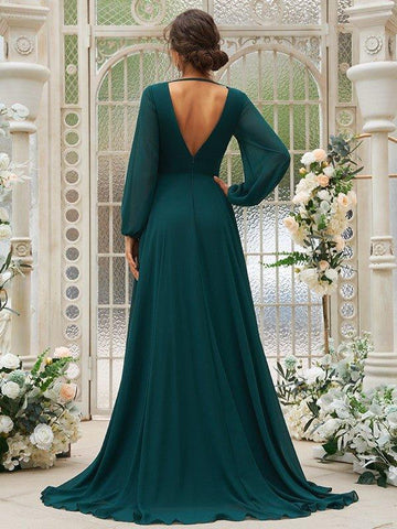 A-Linie/Princess-Linie Chiffon Rüschen V-Ausschnitt Lange Ärmel Sweep/Pinsel zug Brautjungfernkleider