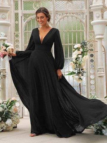 A-Linie/Princess-Linie Chiffon Rüschen V-Ausschnitt Lange Ärmel Sweep/Pinsel zug Brautjungfernkleider