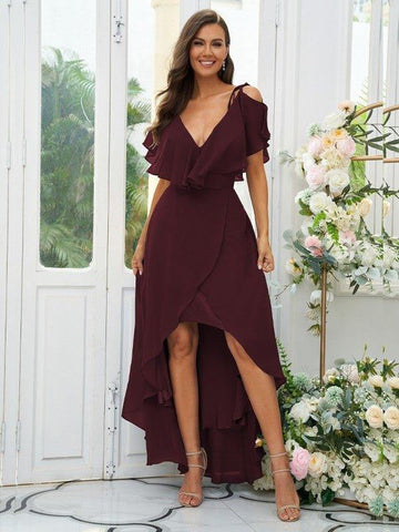 A-Linie/Princess-Linie Chiffon Rüschen V-Ausschnitt Kurze Ärmel Asymmetrisch Brautjungfernkleider