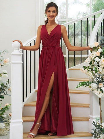 A-Linie/Princess-Linie Chiffon Rüschen V-Ausschnitt Ärmellos Bodenlang Brautjungfernkleider
