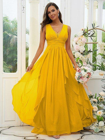 A-Linie/Princess-Linie Chiffon Rüschen V-Ausschnitt Ärmellos Bodenlang Brautjungfernkleider