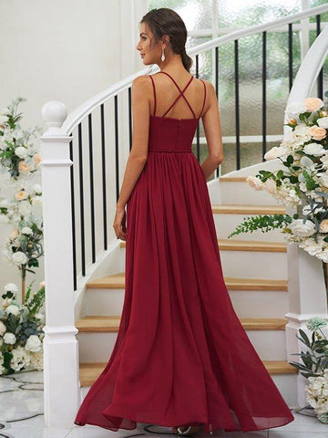 A-Linie/Princess-Linie Chiffon Rüschen V-Ausschnitt Ärmellos Bodenlang Brautjungfernkleider