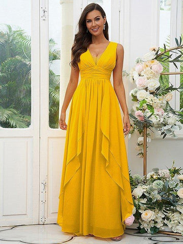 A-Linie/Princess-Linie Chiffon Rüschen V-Ausschnitt Ärmellos Bodenlang Brautjungfernkleider