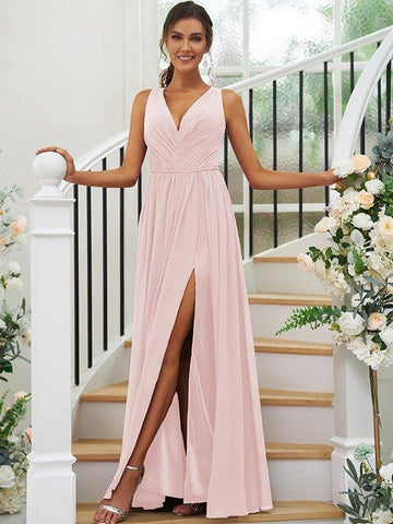 A-Linie/Princess-Linie Chiffon Rüschen V-Ausschnitt Ärmellos Bodenlang Brautjungfernkleider