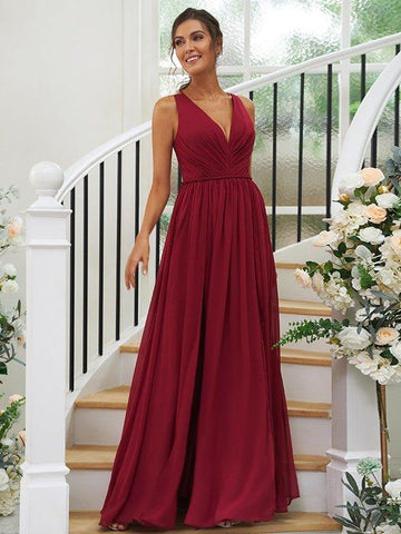 A-Linie/Princess-Linie Chiffon Rüschen V-Ausschnitt Ärmellos Bodenlang Brautjungfernkleider