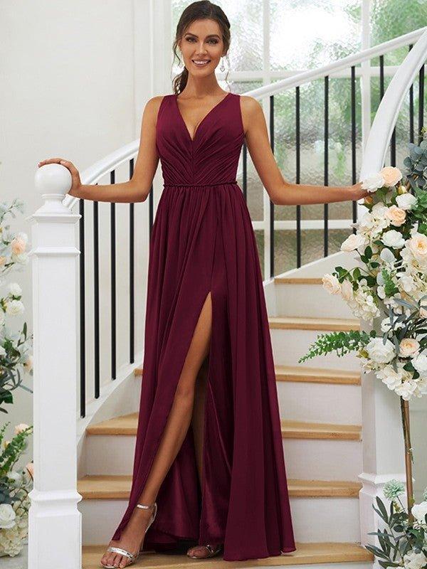 A-Line/Princess Chiffon Ruffles V-neck Sleeveless Floor-Length Bridesmaid Dresses