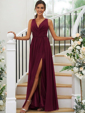 A-Linie/Princess-Linie Chiffon Rüschen V-Ausschnitt Ärmellos Bodenlang Brautjungfernkleider
