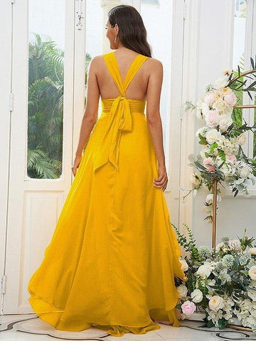 A-Linie/Princess-Linie Chiffon Rüschen V-Ausschnitt Ärmellos Bodenlang Brautjungfernkleider