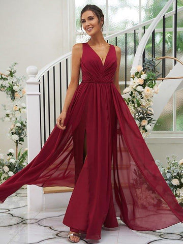 A-Linie/Princess-Linie Chiffon Rüschen V-Ausschnitt Ärmellos Bodenlang Brautjungfernkleider