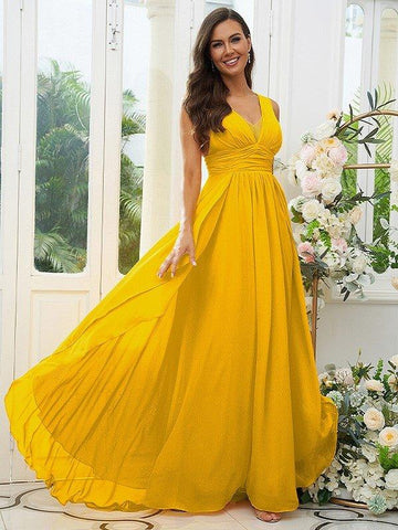 A-Linie/Princess-Linie Chiffon Rüschen V-Ausschnitt Ärmellos Bodenlang Brautjungfernkleider