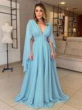 A-Linie/Princess-Linie Chiffon Rüschen V-Ausschnitt Ärmellos Bodenlang Kleider für die Brautmutter