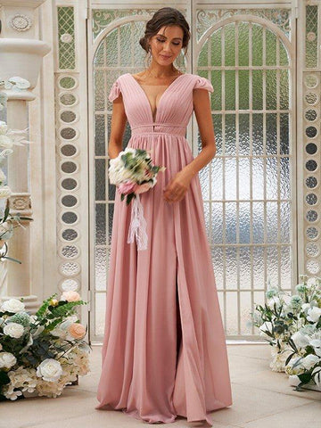 A-Linie/Princess-Linie Chiffon Rüschen V-Ausschnitt Ärmellos Sweep/Pinsel zug Brautjungfernkleider