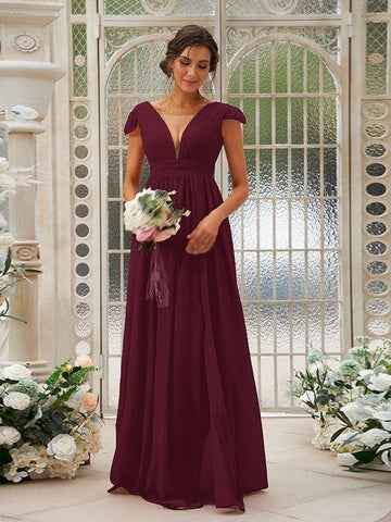 A-Linie/Princess-Linie Chiffon Rüschen V-Ausschnitt Ärmellos Sweep/Pinsel zug Brautjungfernkleider