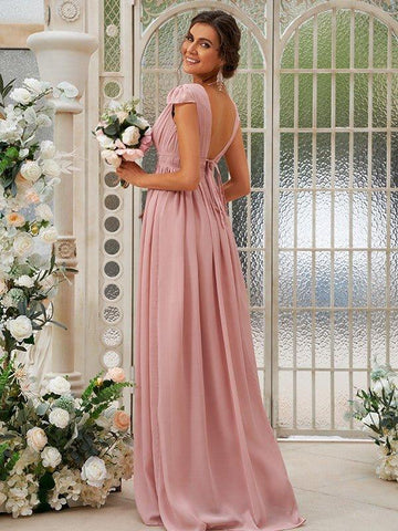 A-Linie/Princess-Linie Chiffon Rüschen V-Ausschnitt Ärmellos Sweep/Pinsel zug Brautjungfernkleider