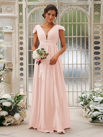 A-Linie/Princess-Linie Chiffon Rüschen V-Ausschnitt Ärmellos Sweep/Pinsel zug Brautjungfernkleider