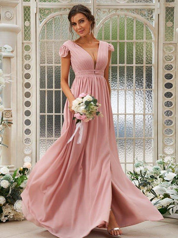 A-Linie/Princess-Linie Chiffon Rüschen V-Ausschnitt Ärmellos Sweep/Pinsel zug Brautjungfernkleider