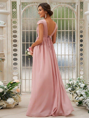 A-Linie/Princess-Linie Chiffon Rüschen V-Ausschnitt Ärmellos Sweep/Pinsel zug Brautjungfernkleider