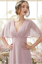 A-Line/Princess Chiffon Spaghetti Straps Short Sleeves Floor Length Natural Waist Bridesmaid Dresses