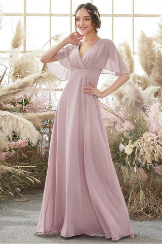 Vestidos de madrinha de casamento em chiffon, corte A/princesa, alças finas, manga curta, comprimento até ao chão, cintura natural