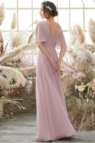 Vestidos de madrinha de casamento em chiffon, corte A/princesa, alças finas, manga curta, comprimento até ao chão, cintura natural