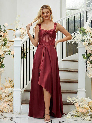 A-Linie/Princess-Linie Elastischer gewebter Satin Gerüschte Träger Ärmellos Asymmetrisch Brautjungfernkleider