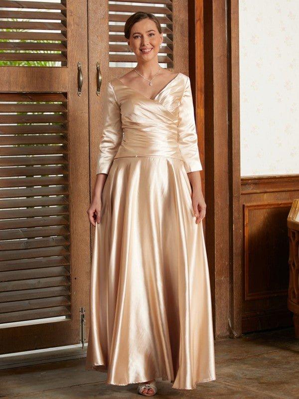 A-Line/Princess Elastic Woven Satin Ruched V-neck 3/4 Sleeves Ankle-Length Mother of the Bride Dresses