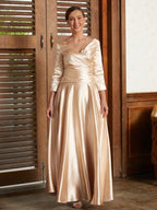 A-Line/Princess Elastic Woven Satin Ruched V-neck 3/4 Sleeves Ankle-Length Mother of the Bride Dresses