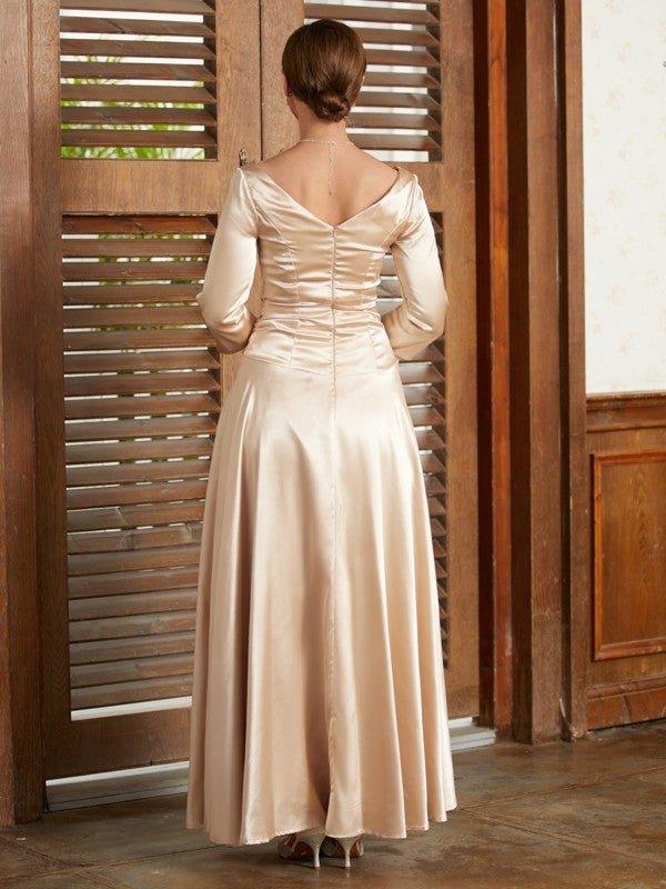 A-Line/Princess Elastic Woven Satin Ruched V-neck 3/4 Sleeves Ankle-Length Mother of the Bride Dresses
