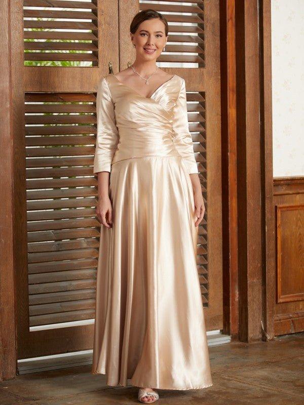 A-Line/Princess Elastic Woven Satin Ruched V-neck 3/4 Sleeves Ankle-Length Mother of the Bride Dresses