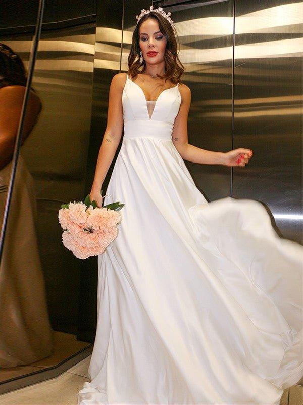 A-Line/Princess Elastic Woven Satin Spaghetti Straps Ruffles Sleeveless Sweep/Brush Train Wedding Dresses