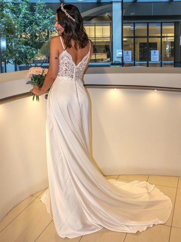 A-Line/Princess Elastic Woven Satin Spaghetti Straps Ruffles Sleeveless Sweep/Brush Train Wedding Dresses