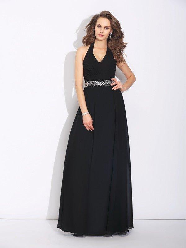 A-Line/Princess Halter Beading Sleeveless Long Chiffon Bridesmaid Dresses
