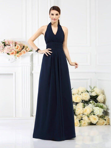 Vestidos de madrinha de casamento compridos em chiffon com pregas e decote em A/princesa