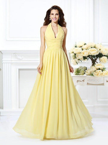 A-Linie/Princess-Linie Neckholder Falten Ärmellos Lange Chiffon Brautjungfernkleider