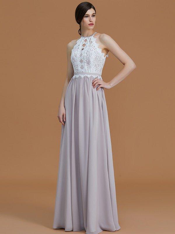 A-Line/Princess Halter Sleeveless Floor-Length Lace Chiffon Bridesmaid Dresses
