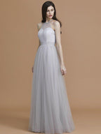 A-Line/Princess Halter Sleeveless Floor-Length Ruffles Tulle Bridesmaid Dresses
