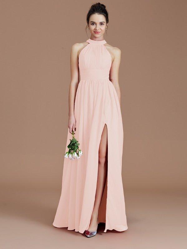 A-Line/Princess Halter Sleeveless Ruched Floor-Length Chiffon Bridesmaid Dresses