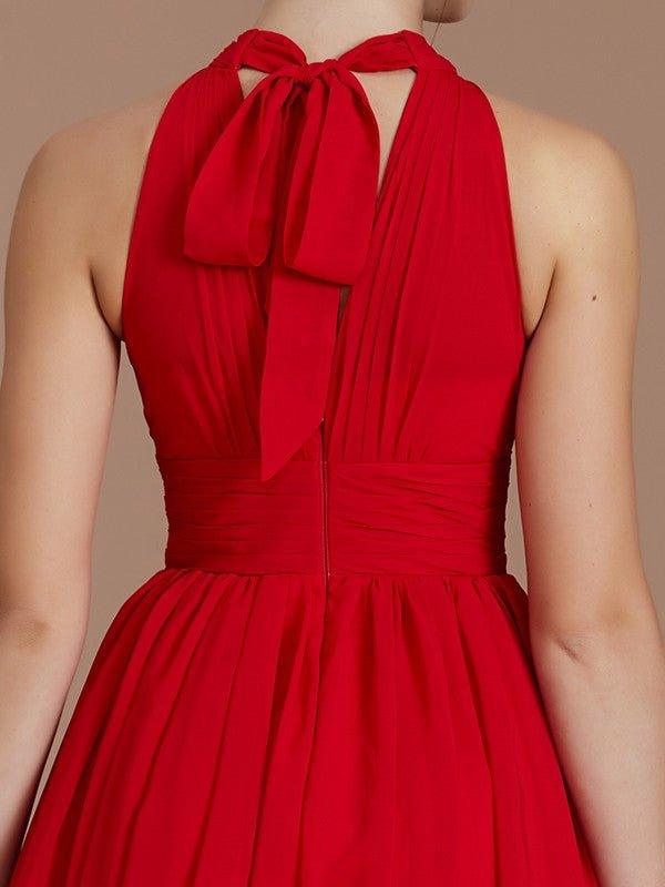 Vestidos de madrinha de casamento em chiffon, corte princesa, sem mangas, franzidos e compridos