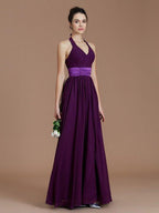 Vestidos de madrinha de casamento em chiffon, corte A/princesa, sem mangas, faixa/fita/cinto, comprimento até ao chão