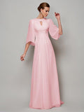 Robe de mariée pour la mère de la mariée en mousseline de soie longue avec perles, col haut, manches mi-longues et coupe A-ligne/princesse