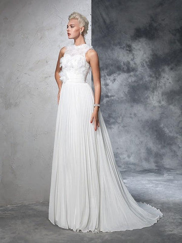 A-Linie/Princess-Linie Stehkragen Falten Ärmellos Lange Chiffon Brautkleider