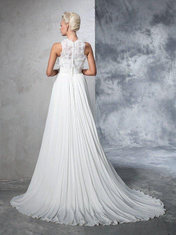 A-Linie/Princess-Linie Stehkragen Falten Ärmellos Lange Chiffon Brautkleider