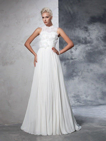 A-Linie/Princess-Linie Stehkragen Falten Ärmellos Lange Chiffon Brautkleider
