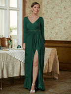 A-Line/Princess Jersey Beading V-neck Long Sleeves Sweep/Brush Train Mother of the Bride Dresses