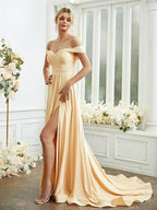 Vestidos de madrinha de casamento em jersey, corte A/princesa, franzidos, ombro descoberto, sem mangas, cauda comprida