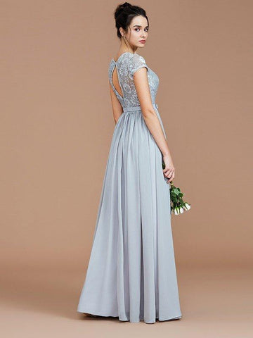 A-Linie/Princess-Linie Juwel-Ausschnitt Kurze Ärmel Spitze Bodenlang Chiffon Brautjungfernkleider