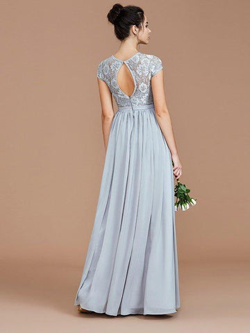A-Linie/Princess-Linie Juwel-Ausschnitt Kurze Ärmel Spitze Bodenlang Chiffon Brautjungfernkleider