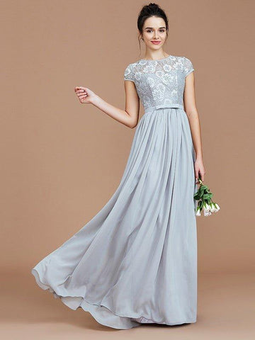 A-Linie/Princess-Linie Juwel-Ausschnitt Kurze Ärmel Spitze Bodenlang Chiffon Brautjungfernkleider