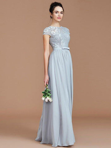 A-Linie/Princess-Linie Juwel-Ausschnitt Kurze Ärmel Spitze Bodenlang Chiffon Brautjungfernkleider