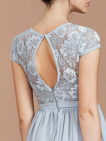 A-Linie/Princess-Linie Juwel-Ausschnitt Kurze Ärmel Spitze Bodenlang Chiffon Brautjungfernkleider